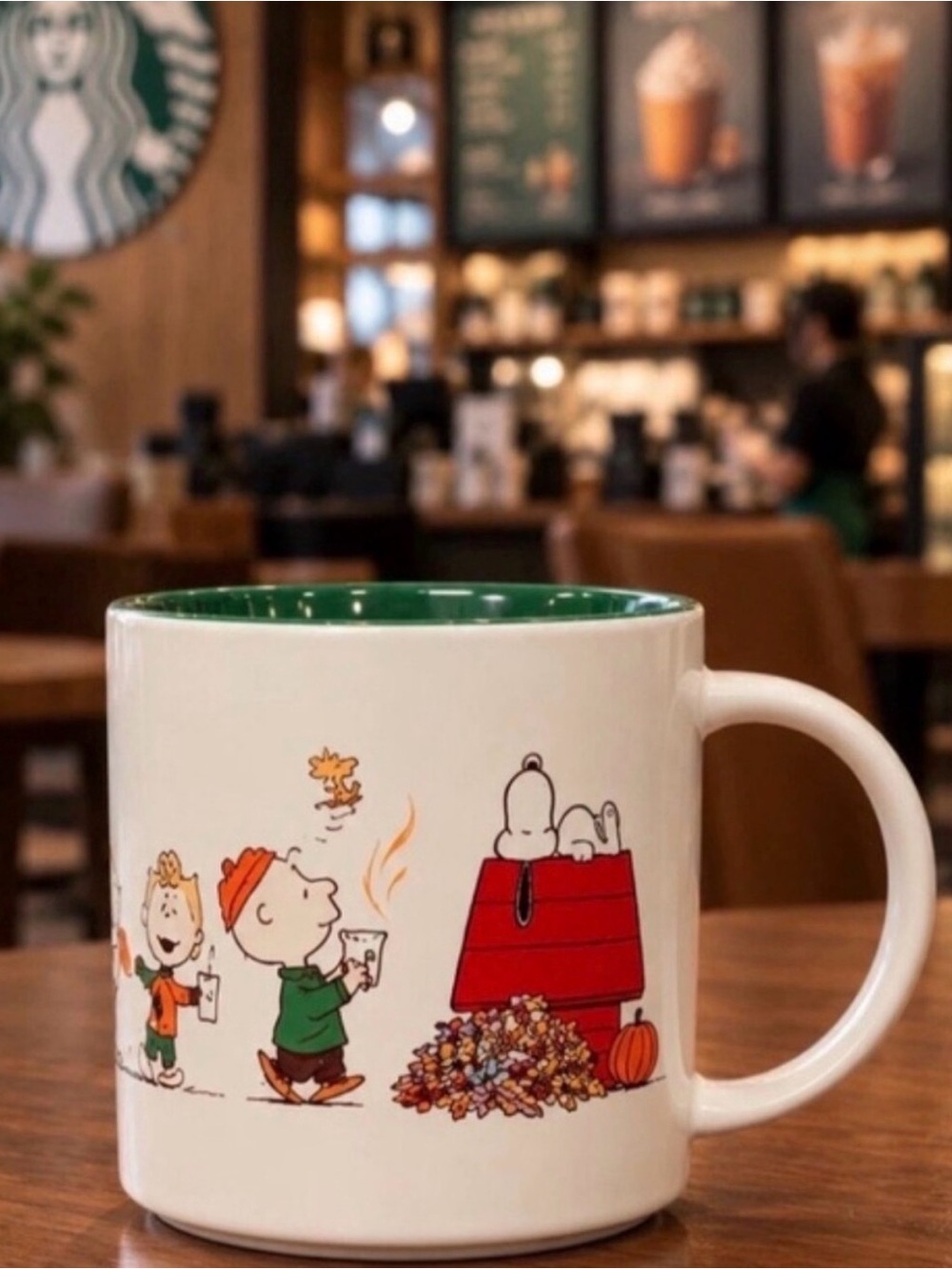 Starbucks Peanuts Snoopy Ceramic Mug - White with Green Interior